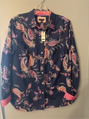 Talbots Navy Paisley Button-Down Shirt with Pink Accents